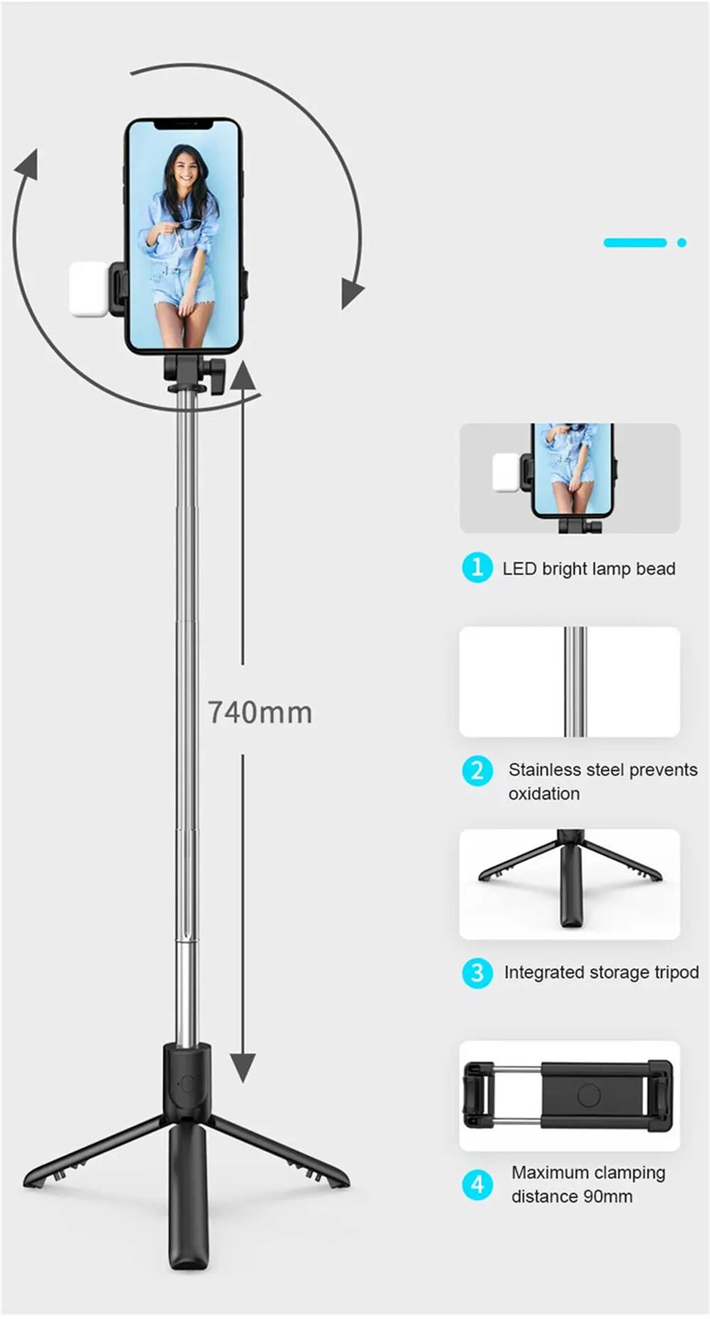 Perche à selfie Bluetooth avec télécommande, lumière fill et trépied extensible
