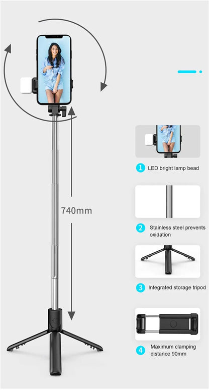 Perche à selfie Bluetooth avec télécommande, lumière fill et trépied extensible
