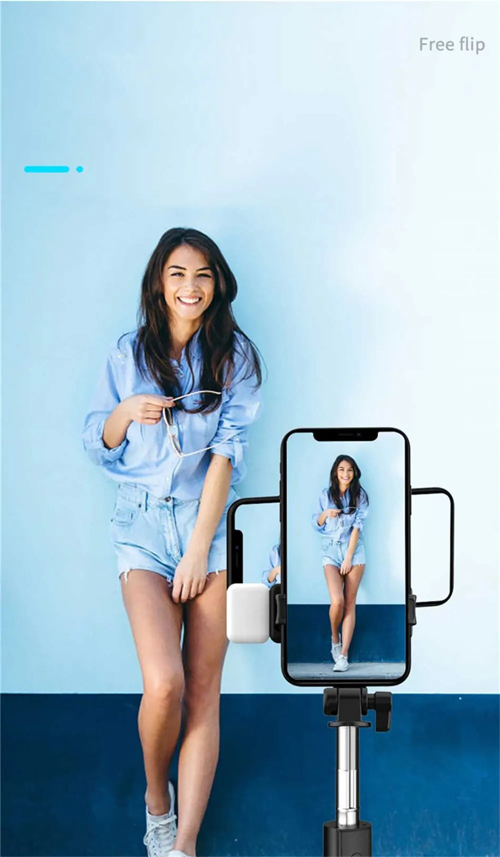 Perche à selfie Bluetooth avec télécommande, lumière fill et trépied extensible