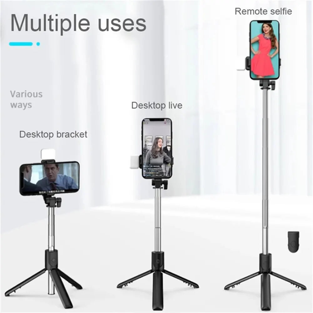 Perche à selfie Bluetooth avec télécommande, lumière fill et trépied extensible