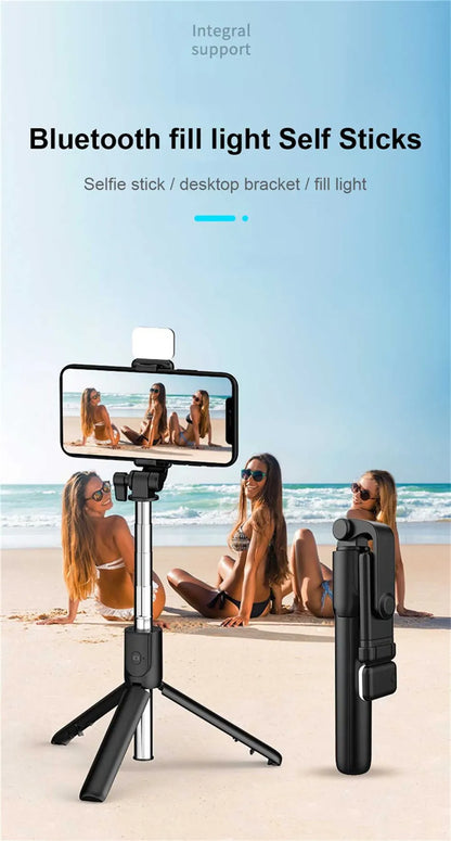 Perche à selfie Bluetooth avec télécommande, lumière fill et trépied extensible