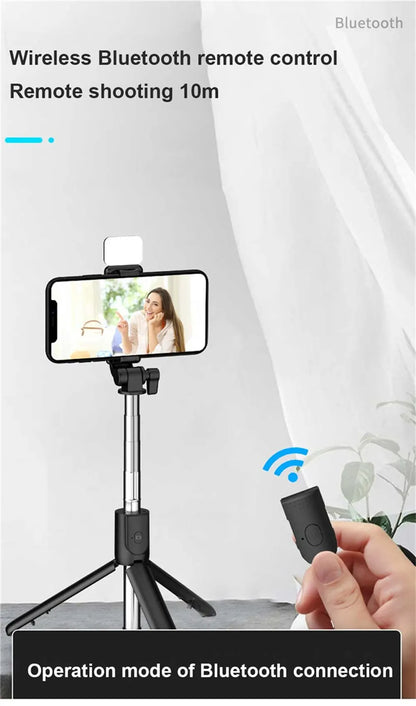 Perche à selfie Bluetooth avec télécommande, lumière fill et trépied extensible