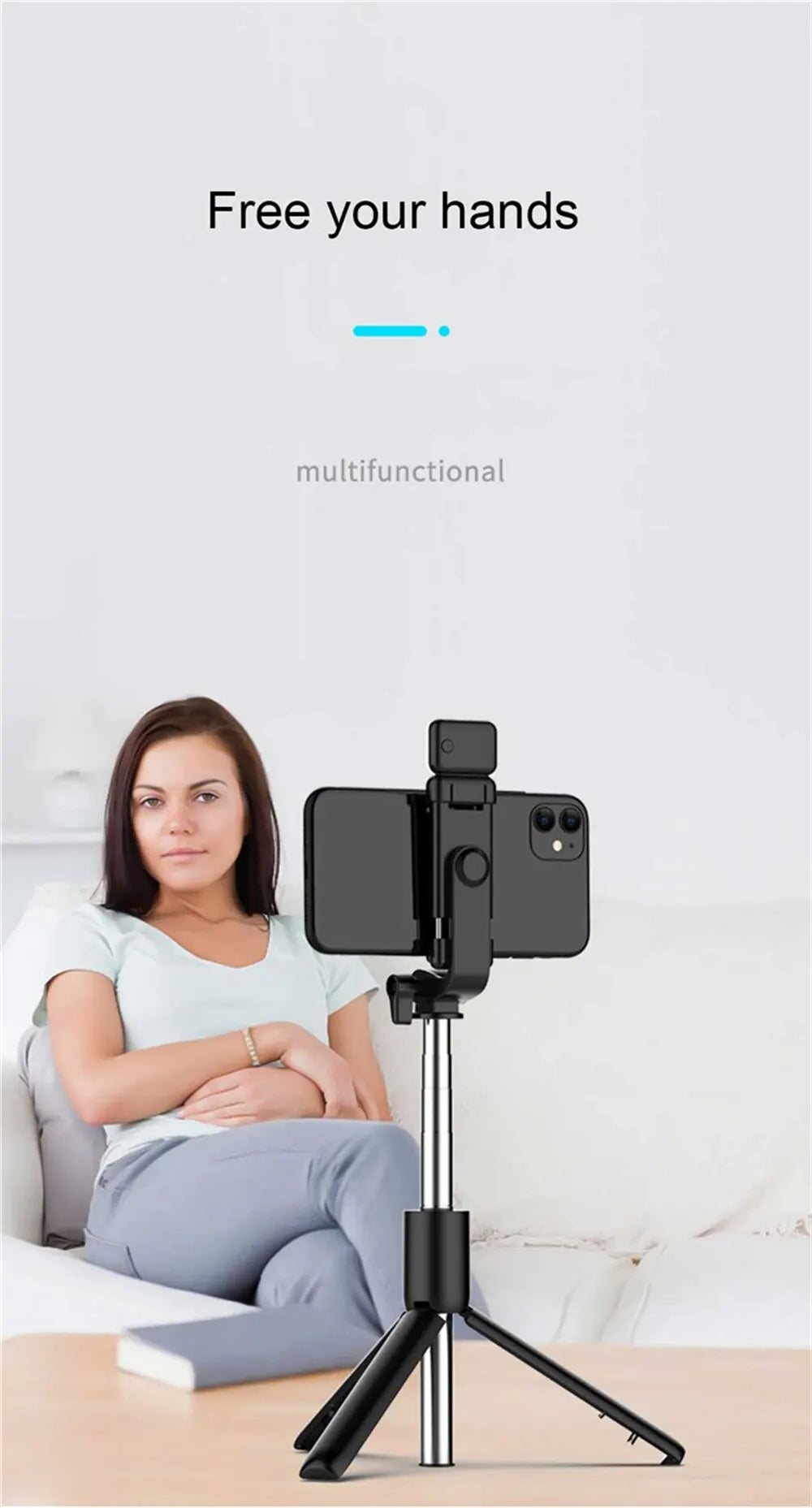 Perche à selfie Bluetooth avec télécommande, lumière fill et trépied extensible